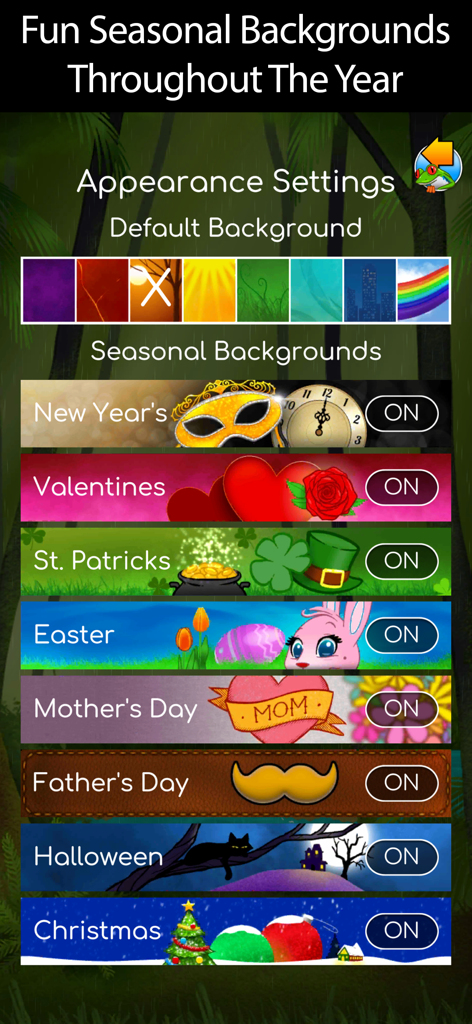 Hidden Word Find - Interface mostrando configurações de fundo sazonais no Hidden Word Find com temas de feriados como Natal e Halloween.