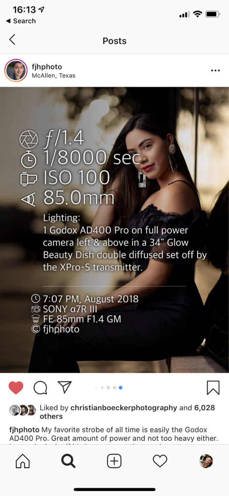 Photo Summary - A portrait photo featuring overlaid camera EXIF data and professional lighting information.