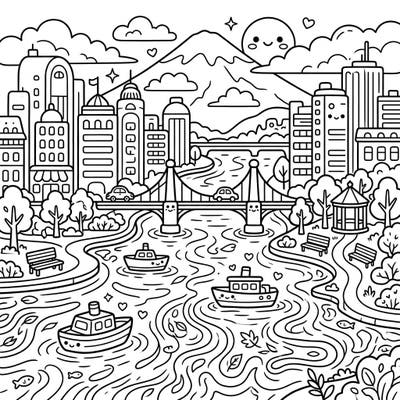 Explore a delightful Kawaii-style urban lake scene, brimming with charm and character. This coloring page invites you to bring a bustling yet serene cityscape to life with your favorite colors.