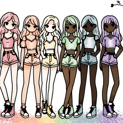 a group of girls wearing crop tops and shorts