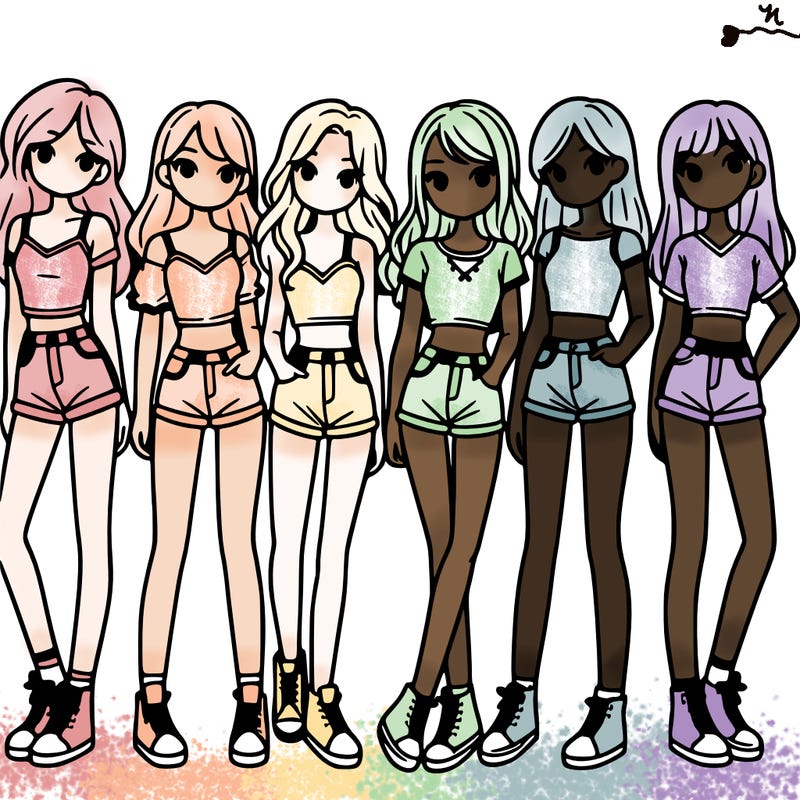 a group of girls wearing crop tops and shorts