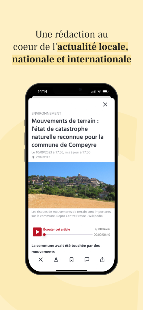 Un écran de smartphone affichant un article d'actualité locale sur Compeyre dans l'application Centre Presse Aveyron.