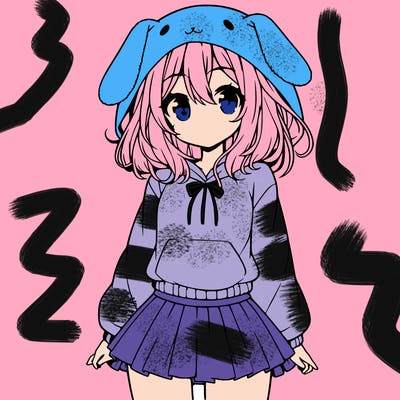 pretty anime girl wearing a fluffy hoodie with bunny ears on the hood and a skirt