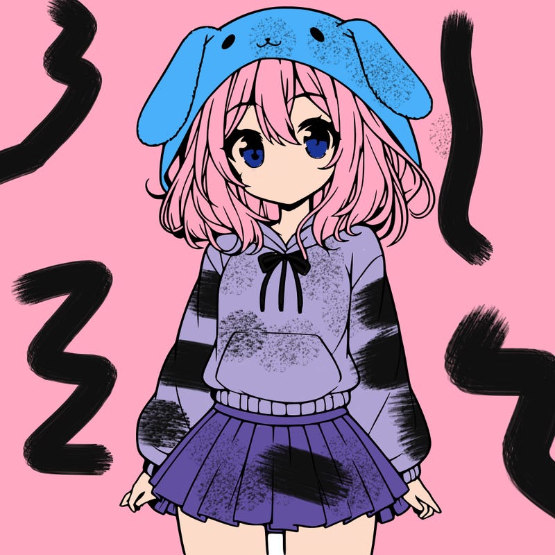 pretty anime girl wearing a fluffy hoodie with bunny ears on the hood and a skirt