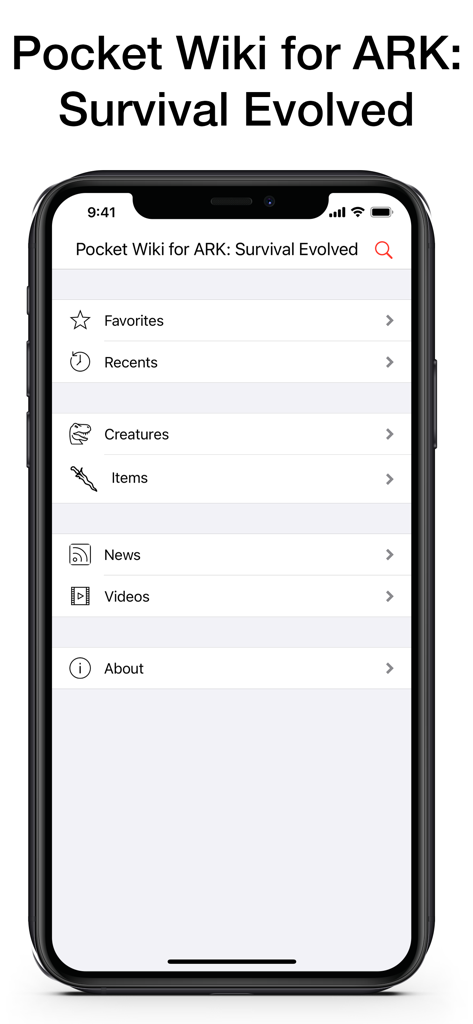 Menú principal de la aplicación Pocket Wiki para ARK Survival Evolved en un iPhone