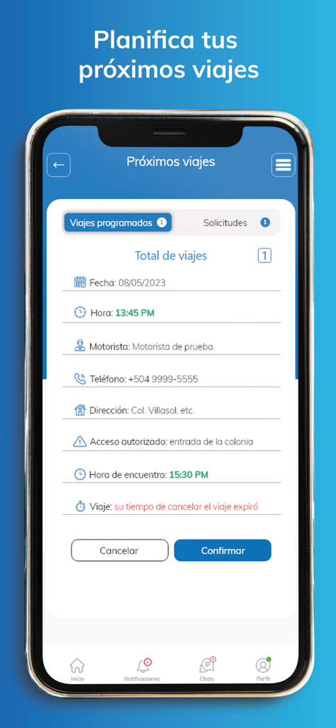 Smart Driver - Smart Driver app interface showing details for a scheduled trip in Spanish on a mobile device