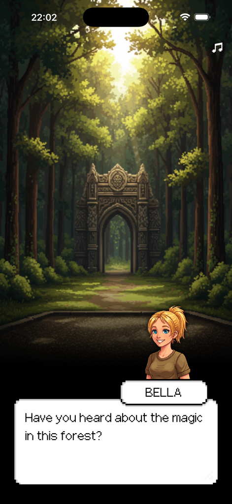 Pick-A-Path - Bella the character standing in front of a stone archway in a sun-dappled magical forest asking about magic.