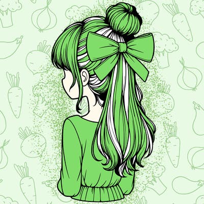 realistic girl  with hip length hair a bun and a big bow on the back of head