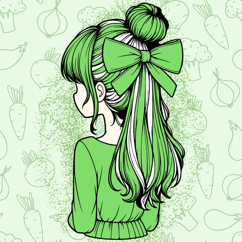 realistic girl  with hip length hair a bun and a big bow on the back of head