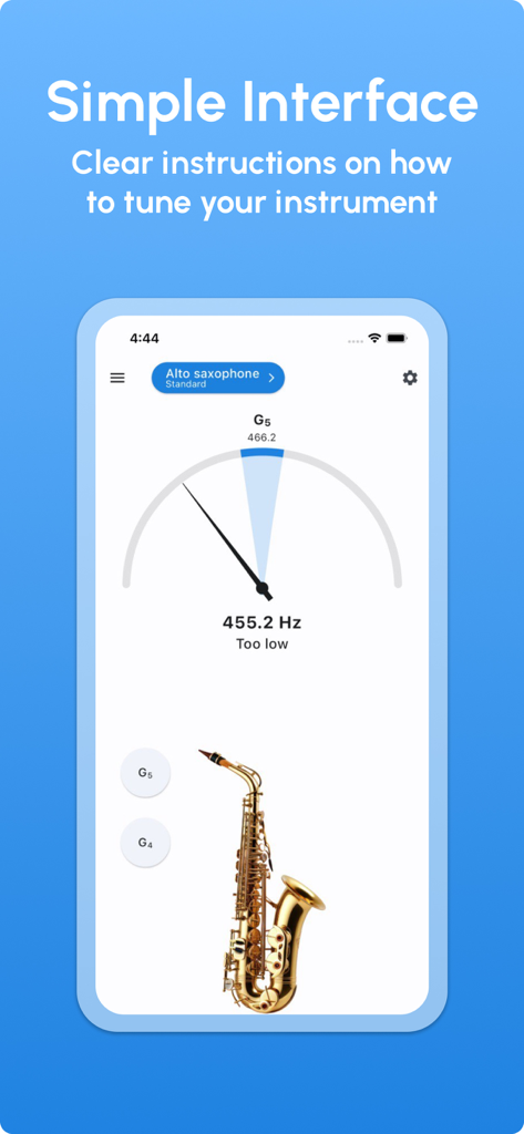 Saxophone Tuner app interface showing clear tuning instructions and a frequency gauge for an alto saxophone