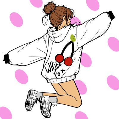 realistic girl jumping with a bun and oversized sweatshirt
