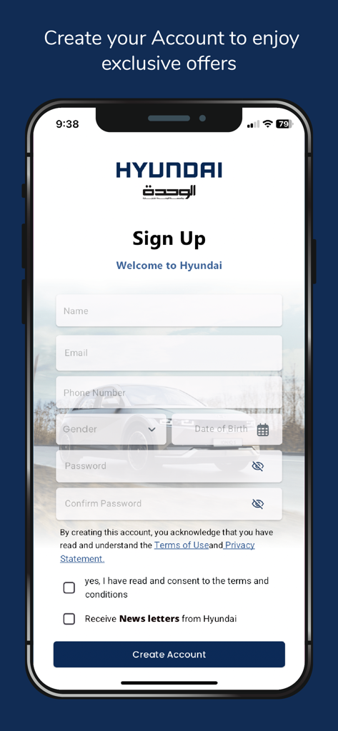 Hyundai-Jordan - Registrierungsbildschirm für die Hyundai-Jordan-App, der das Anmeldeformular für neue Benutzer anzeigt