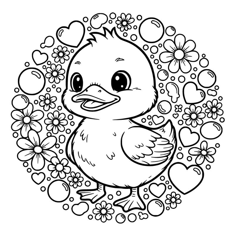 make a cute chibi duck with bubbles cute hearts and flowers around it