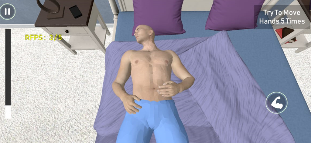 Javelin Throw Game 3D - A 3D athlete character performing hand movement rehabilitation exercises in bed