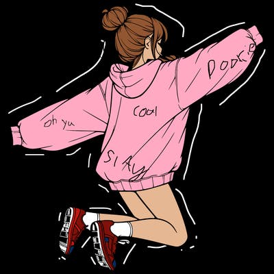 realistic girl jumping with a bun and oversized sweatshirt