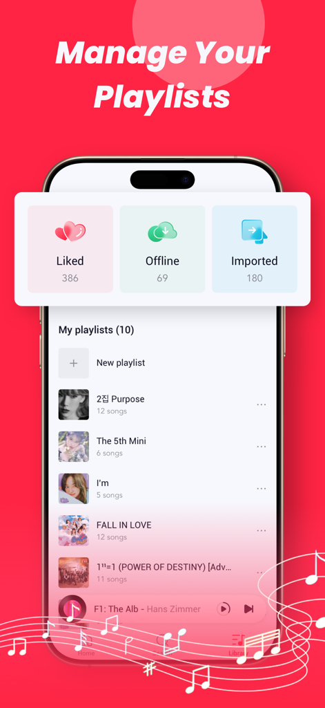 Music Player Arua アプリのインターフェースに、いいねされたトラックやオフラインのトラックのカテゴリが表示されたプレイリスト管理画面が表示されている