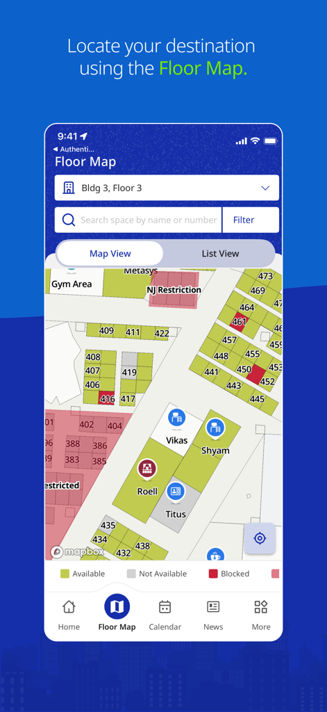 RBC Workplace - Aplicación móvil RBC Workplace que muestra un mapa de planta interactivo de la oficina para reservar escritorios y navegar
