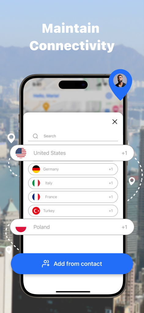 Pantalla de la aplicación Number Location que muestra la selección del código de país y el botón de agregar desde contactos para conectividad global