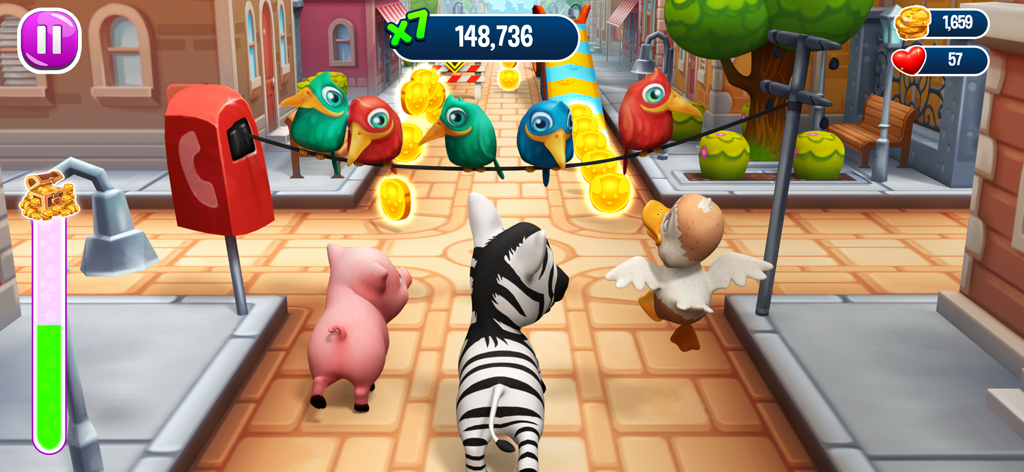 Pet Run - Puppy Dog Run Game - Gameplay-Screenshot von Pet Run, der ein Zebra, ein Schwein und eine Ente zeigt, die in einer Stadtstraße rennen und Münzen sammeln