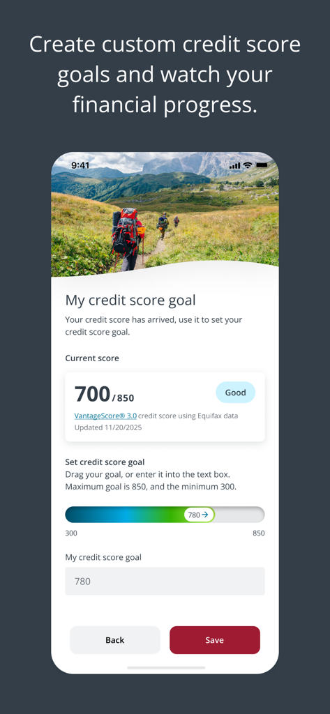 The myEquifax app interface for creating custom credit score goals and tracking progress