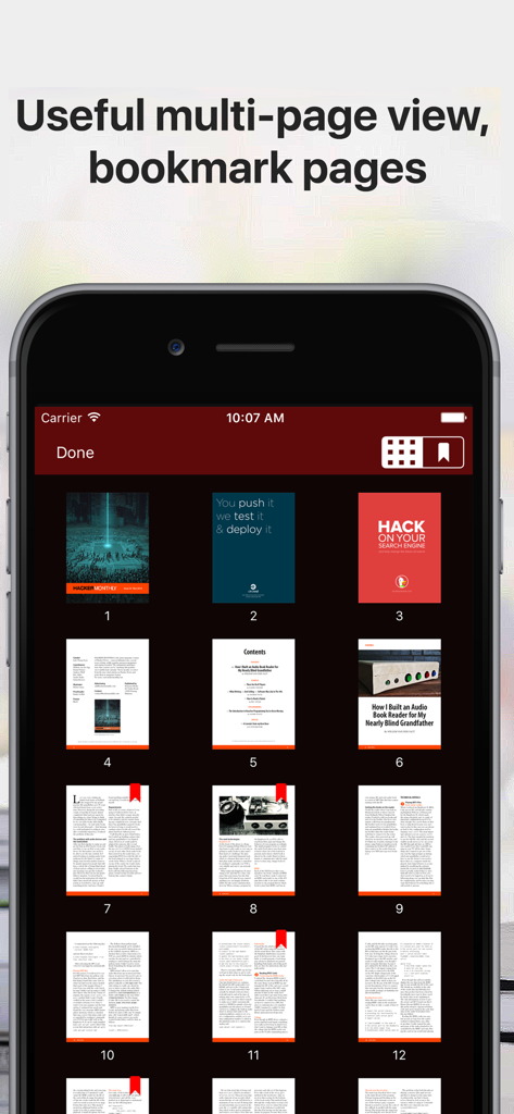 Multi page grid view of a PDF document with bookmarks in dark mode