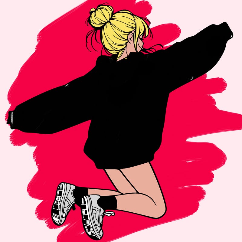 realistic girl jumping with a bun and oversized sweatshirt