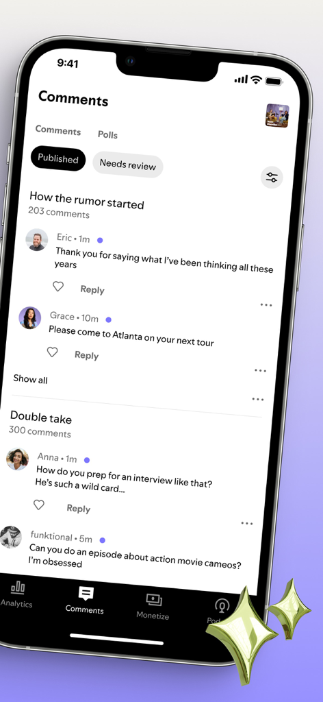 Interface do aplicativo Spotify for Creators mostrando comentários de podcast e ferramentas de engajamento de fãs em uma tela de smartphone.