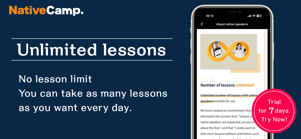 Native Camp - Promotional screen for the Native Camp app highlighting unlimited English lessons and a 7 day trial offer.