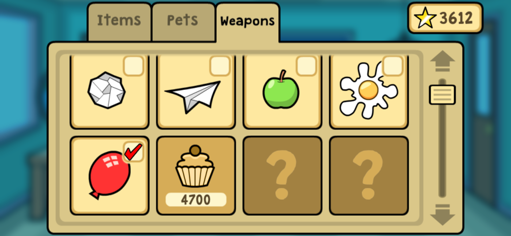 Bash the Teacher! School Prank - バッシュ・ザ・ティーチャー！の武器選択メニュー。紙飛行機や腐った卵のようなアイテムが表示されている。