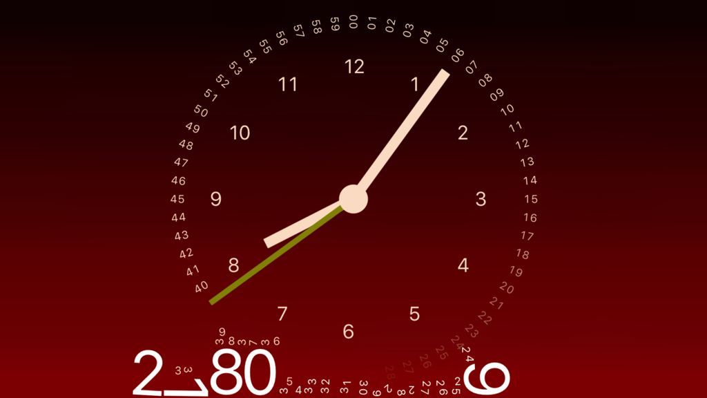 Gravity Clock analog interface with numbers falling to the bottom against a dark red background