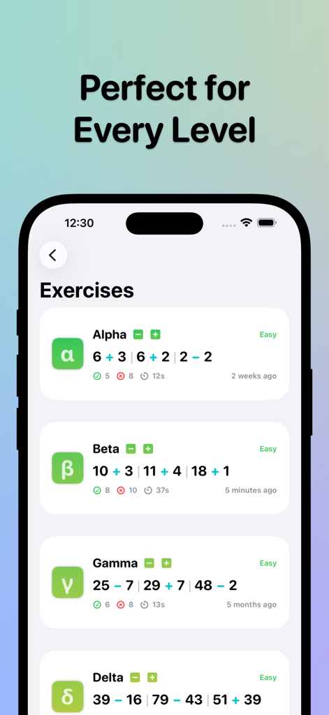 Mental Math - Mathee - Screen showing mental math exercises with various difficulty levels in the Mathee app