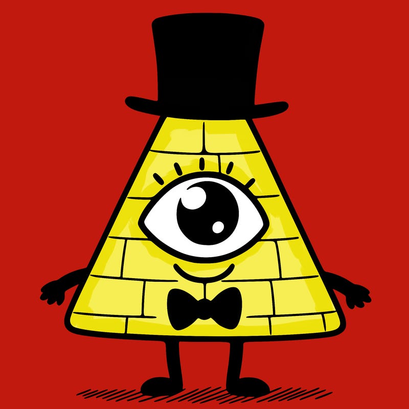 a small pyramid with one eye, black arms and legs, a black hat, and a bow tie.