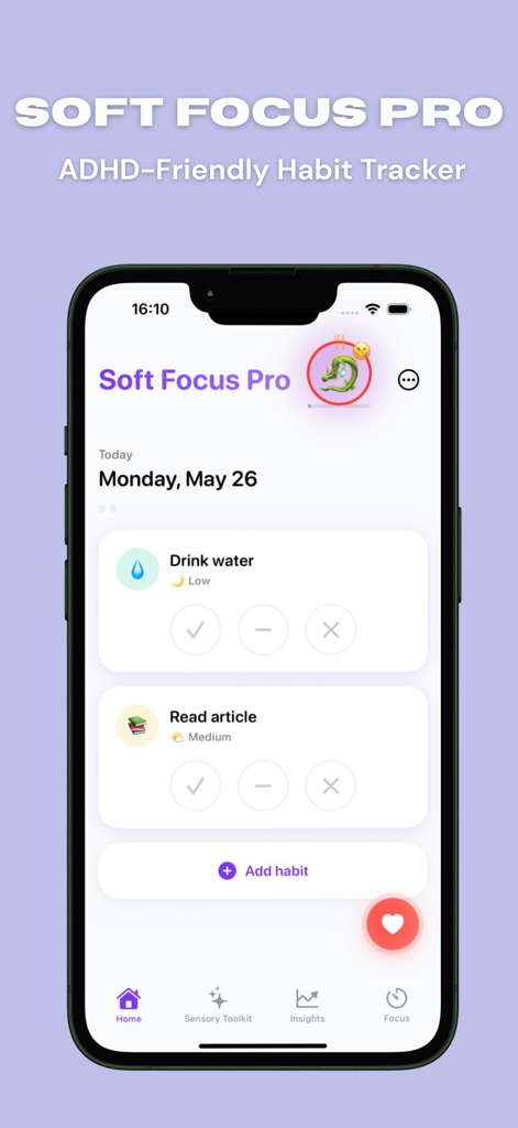 Un'interfaccia minimalista dell'app mobile per il tracker di abitudini Soft Focus Pro che mostra attività quotidiane come bere acqua e leggere con opzioni per il progresso parziale.
