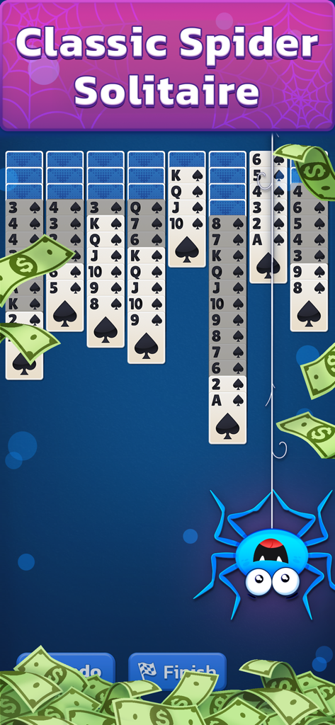 Spider Solitaire: Cash Games - Jugabilidad clásica de Spider Solitaire para móvil con billetes flotantes y una araña animada