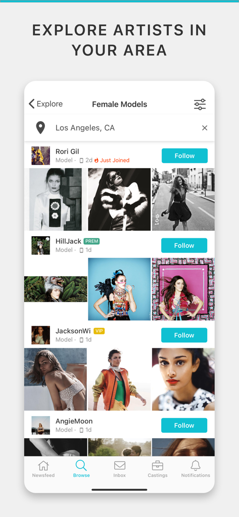 Model Mayhem - 전문 포트폴리오 미리 보기가 포함된 로스앤젤레스 여성 모델 검색을 보여주는 Model Mayhem 앱 인터페이스