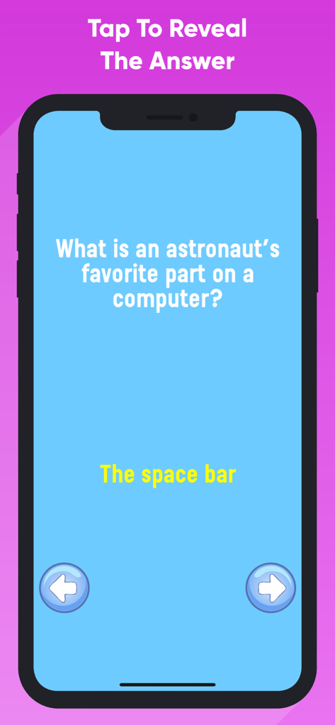 Funny Jokes And Riddles - Mobile screen showing a riddle about an astronaut with the answer the space bar