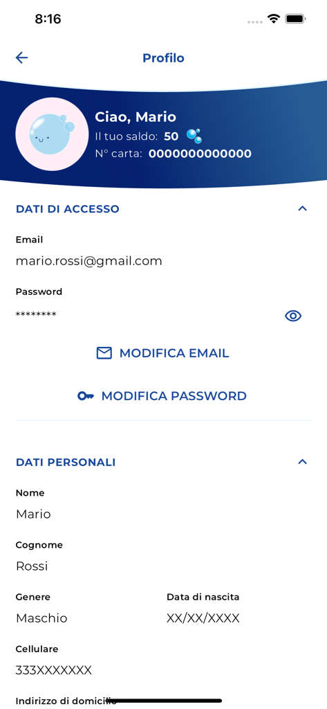 Benutzerprofilbildschirm in der Carta Club Acqua & Sapone App mit Kontodetails und Treuepunkten.