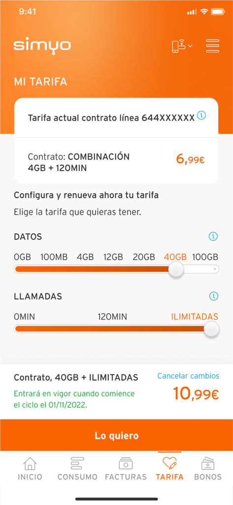 Captura de tela da tela de gerenciamento de tarifas do aplicativo Simyo mostrando opções para personalizar planos de dados e chamadas