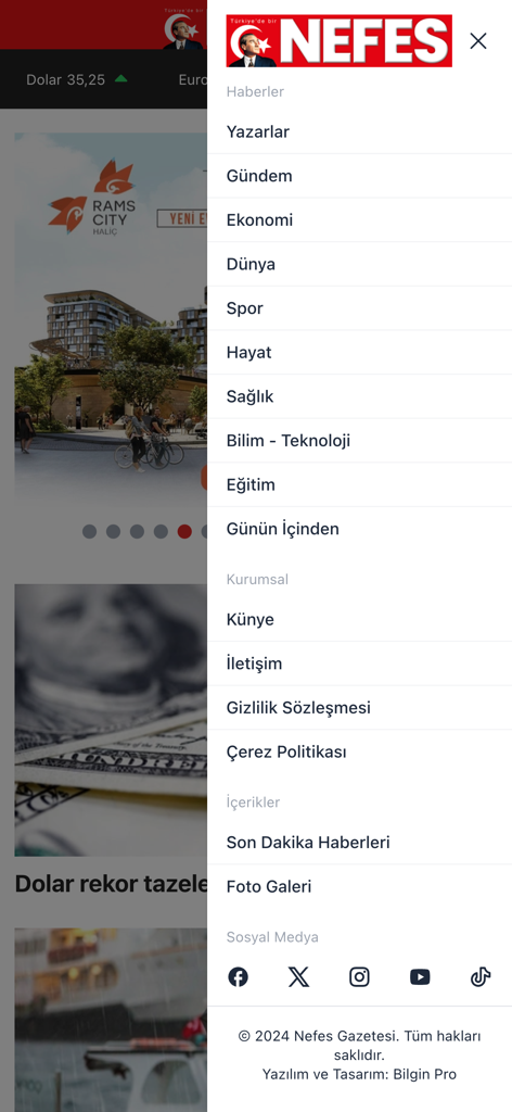 Nefes Gazetesi - Side navigation menu of the Nefes Gazetesi news app with categories like Economy, World, and Sports