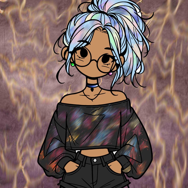 girl with a messy ponytail glasses a baggy crop top and jean shorts