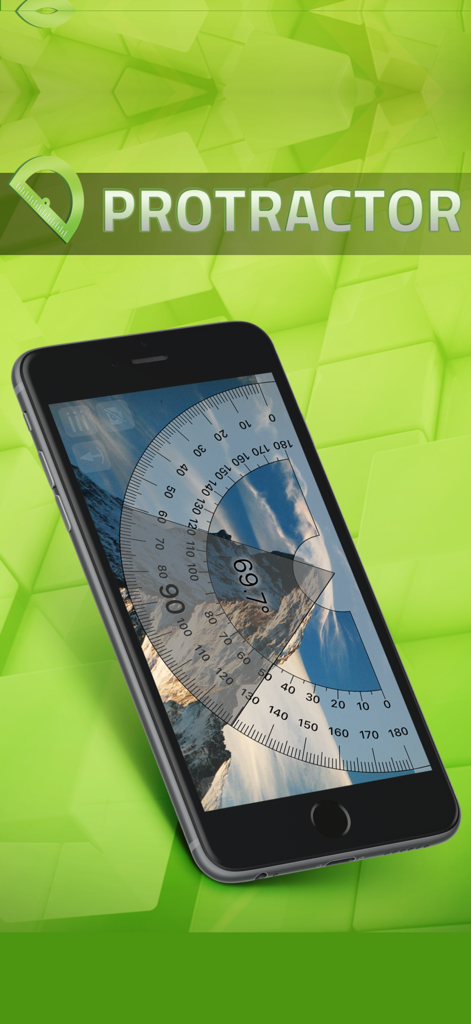 Protractor Smart - Pantalla de smartphone mostrando la aplicación Protractor Smart midiendo el ángulo de un pico de montaña usando la cámara.