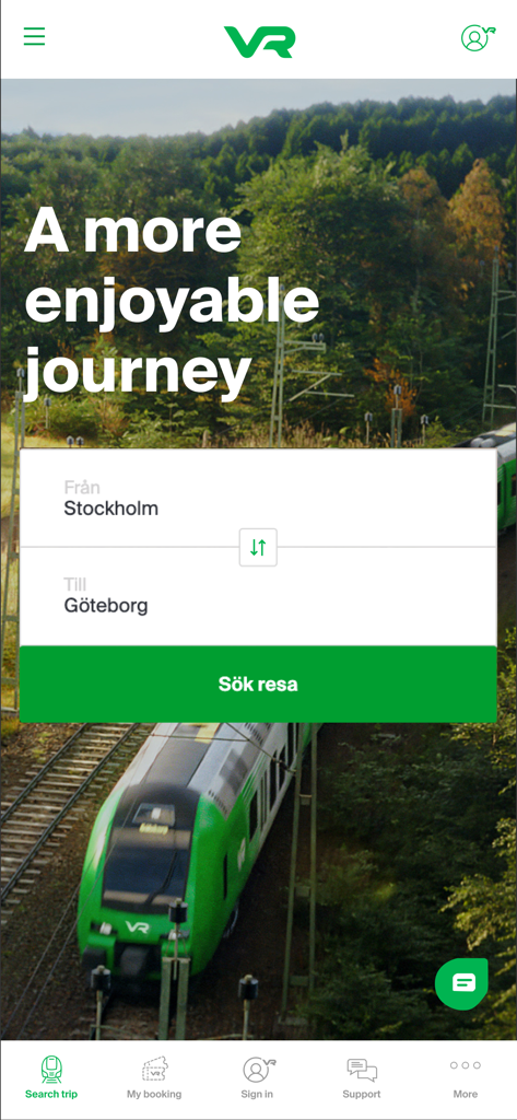 VR Resa - VR Resa 앱 검색 화면, 스톡홀름과 예테보리 간 기차 여행 예약용