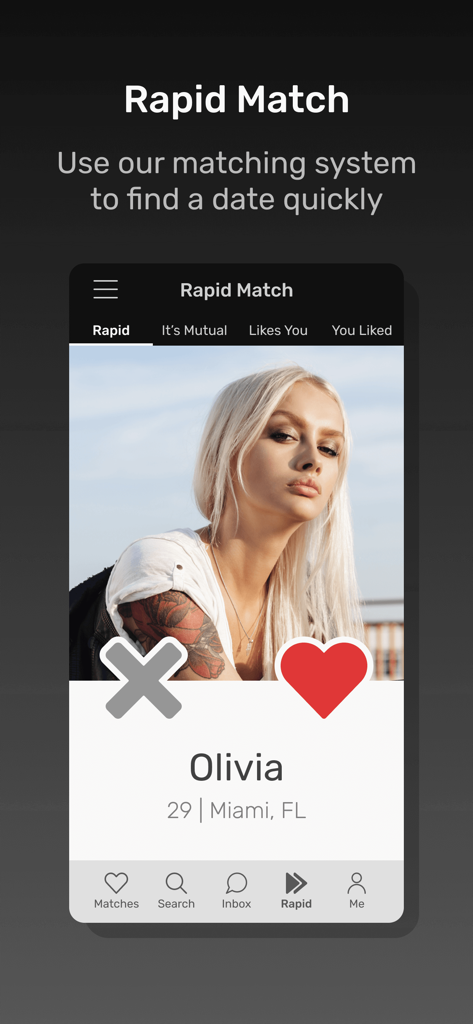 Tattoo Lovers Dating - Tattoo Lovers Dating app rapid match screen showing a profile of a woman with tattoos