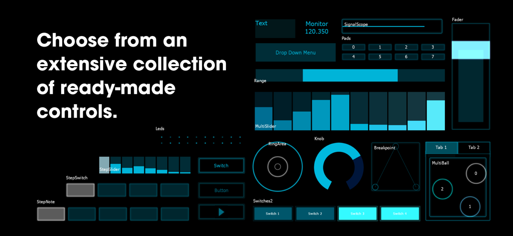 A collection of customizable MIDI and OSC interface controls in the Lemur app on a black background.