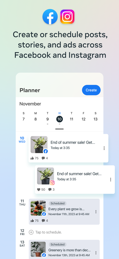 Meta Business Suite 콘텐츠 플래너 화면에서 Facebook 및 Instagram에 대한 예약된 게시물을 보여줍니다.