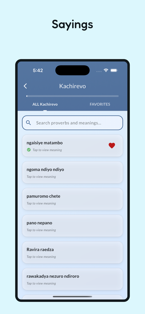 Pantalla de búsqueda de dichos y proverbios Shona en la aplicación de diccionario Duramazwi