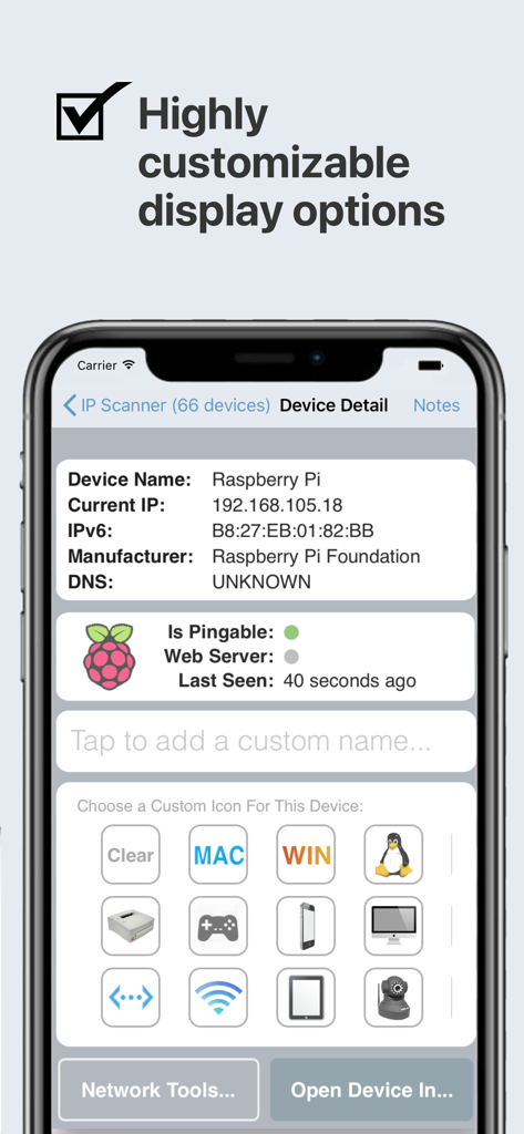 IP Scanner - Interfaz de IP Scanner mostrando detalles de dispositivos de red y selección de iconos personalizados.