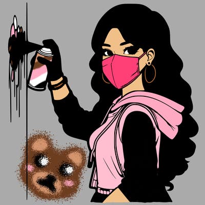 realistic girl with mask spray painting a wall