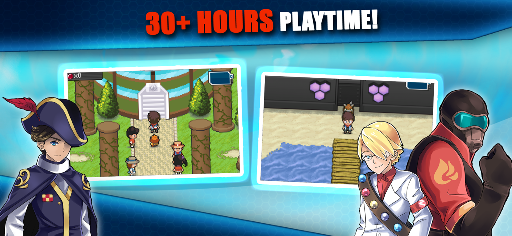 Gameplay screens and character art for EvoCreo monster catching RPG with text 30 plus hours playtime