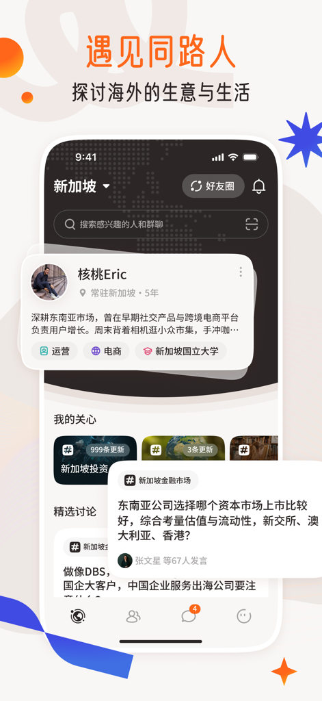 SmallWOD-出海探索通讯录 - SmallWOD mobile app interface featuring networking profiles and overseas business discussion forums.